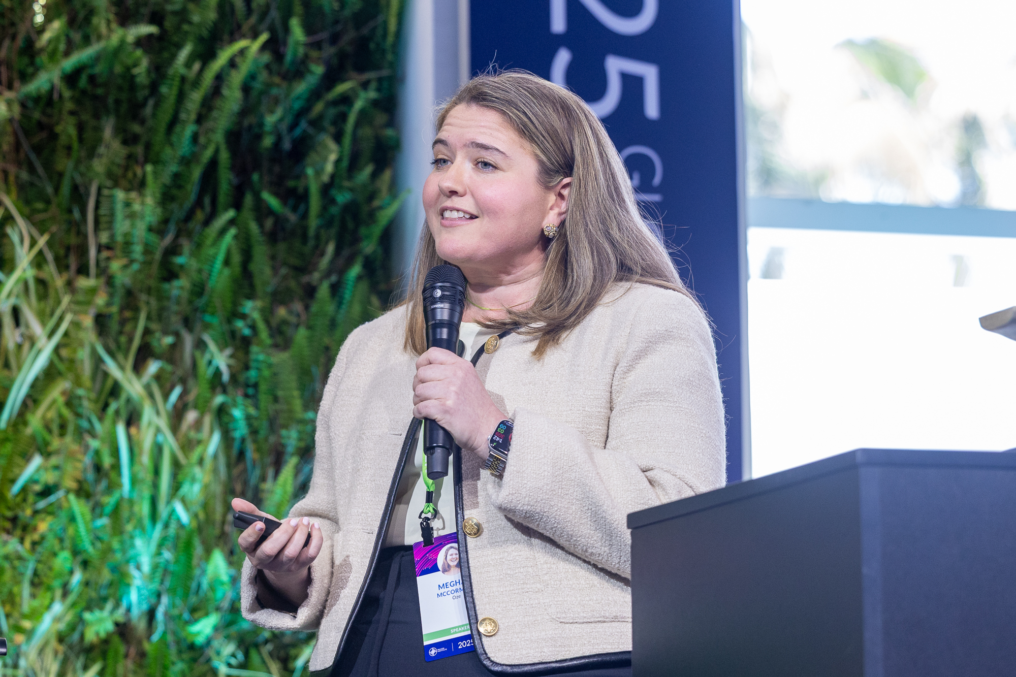 Meghan McCormick, CEO and cofounder of Oze, a finalist team, delivers her pitch during the 2025 Milken Institute Global Conference.