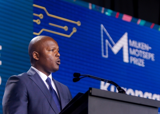 Tendai Chitapi, CEO of Kuronga, winner of the Bonus Prize for the Most Creative Use of 41R technology, pictured on stage at the 2023 Milken Institute Global Conference