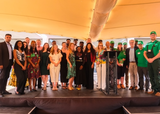 Milken-Motsepe Prize in FinTech finalists on stage with Dr. Precious Moloi-Motsepe and Milken-Motsepe Prize Judges Yolanda Mabuto and Angela Homsi at the Power Networking Reception in Stellenbosch, South Africa.