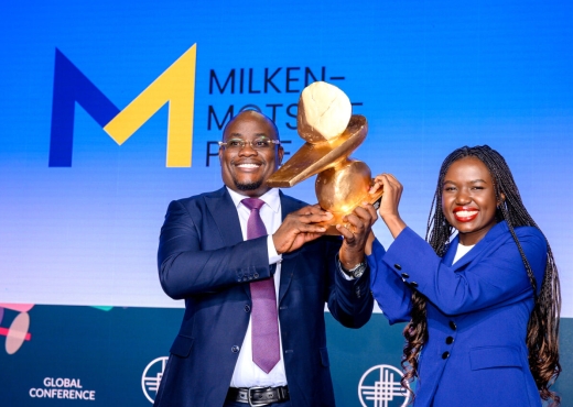 Grand Prize winners of the Milken-Motsepe Prize in AgriTech, Otaigo Elisha (right) and Diana Orembe (left) from NovFeed
